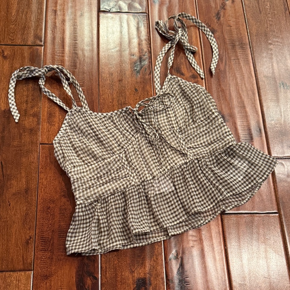 American Eagle Outfitters Brown and Cream Gingham Tie-Shoulder Top